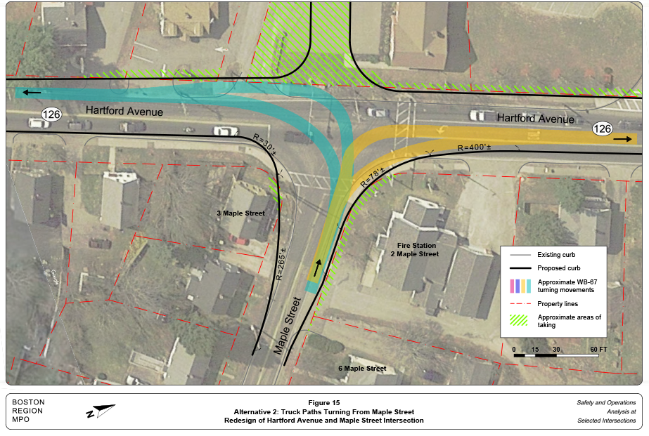 FIGURE 15. Alternative 2: Truck Paths Turning From Maple Street
Figure 15 shows how Alternative 2 accommodates the turning movements of a WB-20 semitrailer.
